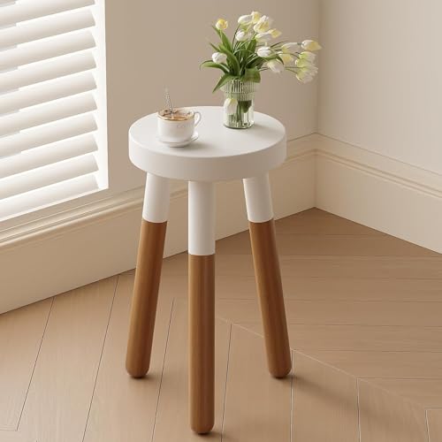 Image of Modern Round Wooden Stool & Side Table with White Finish, Solid Wood Legs, Stylish Multipurpose Furniture for Home, Living Room & Bedroom (Large)