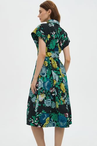 D-Sun Women Button Down Shirt Dress V-Neck Floral Printed Short Sleeves Mid Shirt Dress Belt A-Line Party with Pockets3