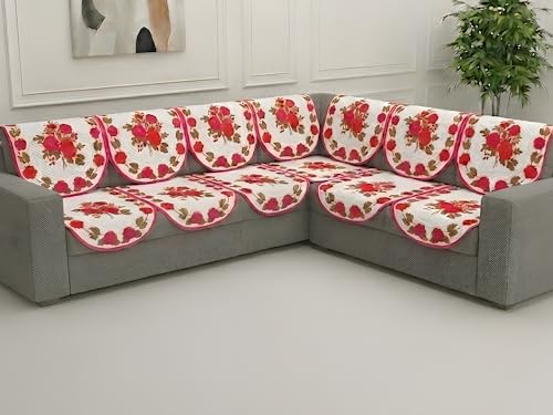Image of Fab Nation Sofa Cover L Shape 5 Seater with Corner L Type Fully Covered Sofa Set for Living Room | Cotton Sofa Slipcovers for 3 + 2 Seaters Cover Set | Pink Rose
