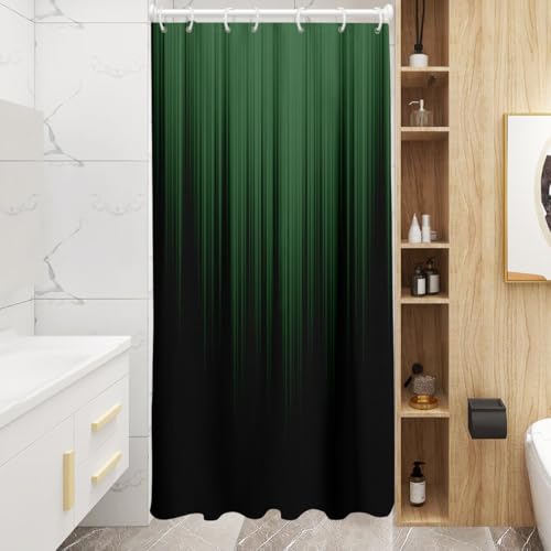 Image of AAtter Green Black Ombre Shower Curtain, Small Stall 36x72 Inch, 7 Hooks | Striped Polyester Fabric, Dark Modern Abstract Style, Cool Anime Design, Single Narrow Bathroom Decor for Men