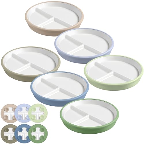 Image of Domensi 6pcs 8" Large Porcelain Kids Plates with Anti-slip Silicone Sleeve Ceramic Divided Plate with Suction for Toddler Eating Microwave Dishwasher Friendly (Blue,Green,Lilac,Sage,Gray,Beige)