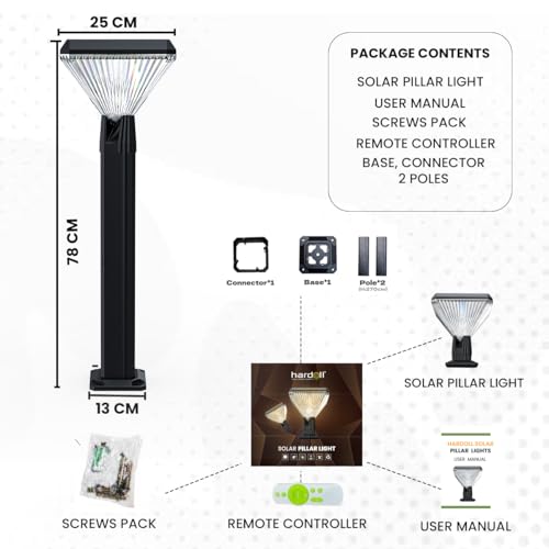 Image of hardoll Solar Gate & Garden Outdoor Lights for Home 8800mAh Battery, IP65 Waterproof, 64 LEDs, 3 Color Modes (Warm /Cool /Neutral), Remote Controlled, Square Shaped Pillar Lamps with Poles(Pack of 2)