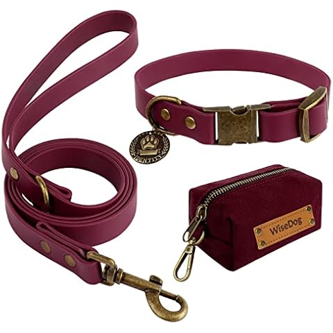 Wisedog Waterproof Dog Collar and Lead Set: Adjustable Dog Collar, Classic Dog Lead with Poop Bag Holder, for Medium Large Dogs and Small Size Dogs (M(Collar:12"-18";Lead:5 ft), Burgundy) Cover