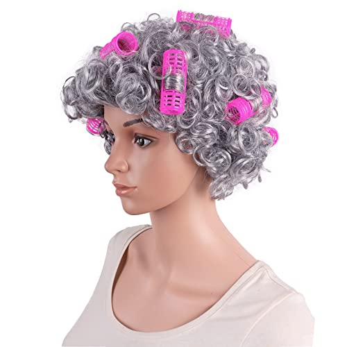 MapofBeauty 4 Inch/11 cm Curly Grandmother Hair Elderly Costume Granny wig With Hair Rollers Cosplay Lady Wig (Silver Grey) - Image 3