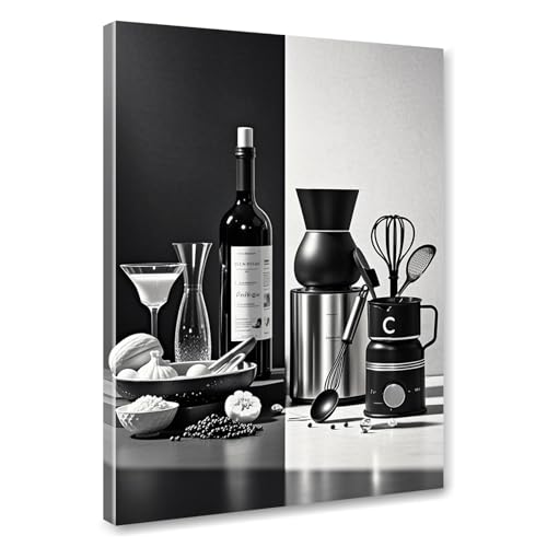 Black and White Kitchen Canvas Wall Art Dining Room Wall Decor Wine Bottle Seasoning Spoon Kitchen Picture Poster Prints Artwork Painting Dining Room Restaurant Bar Home Decorations 12x16 Inch Framed