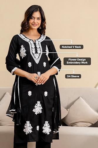 Image of TRENDMALLS Women's Cambric Cotton Embroidery Work Kurta Pant with Dupatta Set