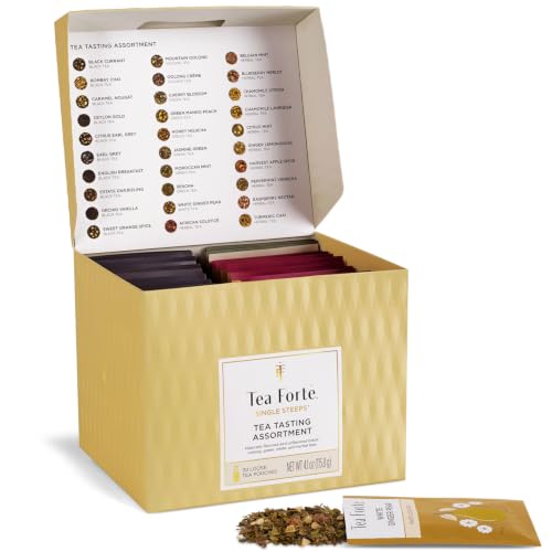 Image of Tea Forte Single Steeps Loose Leaf Tea Sampler Tea Chest, Assorted Variety Tea Box, 28 Single Serve Pouches, Classic