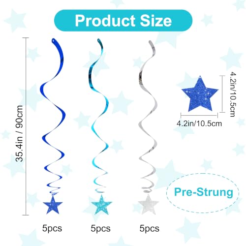 Image of BEISHIDA Blue Blue Silver Pre-Strung Glitter Stars Hanging Swirls Hanging Ornament Decorations for Birthday Party Baby Shower Congrats Grade Graduation Decorations,Pack of 15