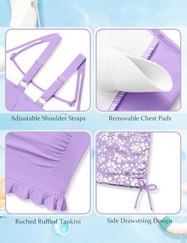 Image of Girls Swimsuit Two Piece Bathing Suit Ruffle Trim Swimsuits for Girls Tankini with Drawstring Shorts Swimwear 9-18Y