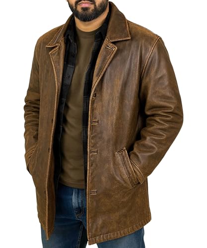 Men’s 3/4 Mid-Length Genuine Leather Trench Blazer - Vintage Classic Hunter Style Long Leather Car Coat Jacket4