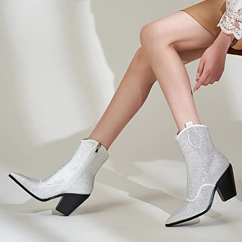 Tsrenlmln Womens Rhinestone Ankle Boots Fashion Sparkly Western Booties Chunky Heel Cowboy Booties For Women White 8 In #TOP5
