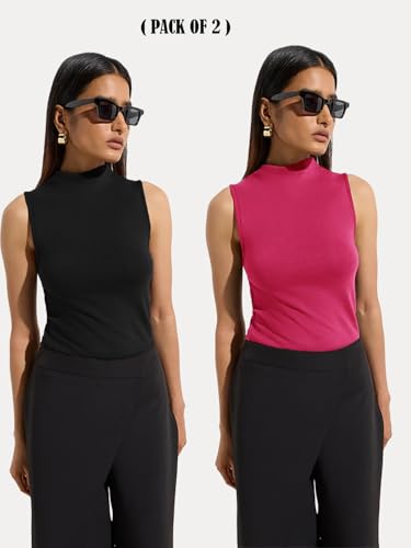 Image of KOTTY Women's Sleeveless High Neck Ribbed Tank Top Combo Pack of 2 Stylish Casual & Office Wear Tops