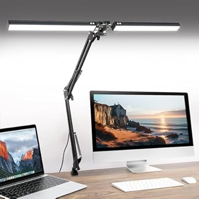Dual Head LED Desk Lamp with Clamp, 2X Brighter Swing Arm Light - 3 Colors 10 Brightness, Eye-Caring Adjustable Architect Lamp for Dual Monitors, Drafting, Workbench & Home Office