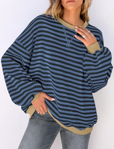 Image of UEU Women Oversized Striped Crewneck Sweatshirt Long Sleeve Color Block Pullover Tops Casual Loose Workout Shirt