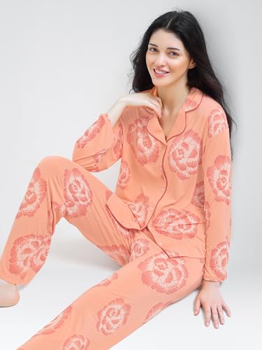 Image of Night Suit for Womens Floral Printed Modal Night Dress of Shirt and Pajama Set 9365