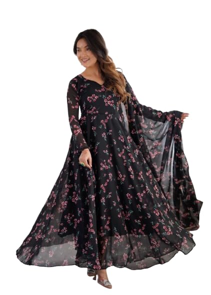 JS Creative Women’s Black Floral Printed Georgette Anarkali Gown with Sheer Long Sleeves Matching Flowing Dupatta Floor Length Flared Ethnic Dress-image-18