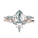 AHTAMOS Natural Moss Agate Ring Set 925 Sterling Silver 1 CT Pear Shape Moss Agate and Moissanite Engagement Ring for Women Rose Gold Free Engraving Size 8