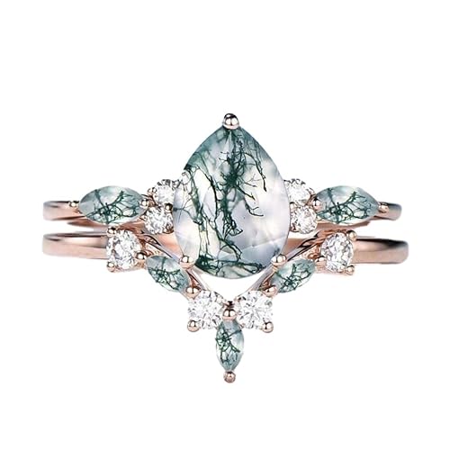 Natural Moss Agate Ring Set 925 Sterling Silver Pear Shape Moss Agate and Moissanite Engagement Ring for Women Free Engraving