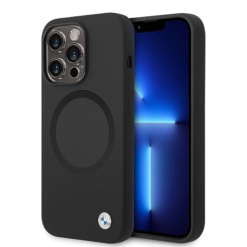 BMW - Compatible avec Magsafe Coque Rigide en Silicone Liquide avec Logo en métal et Anneau Vernis UV - Noir