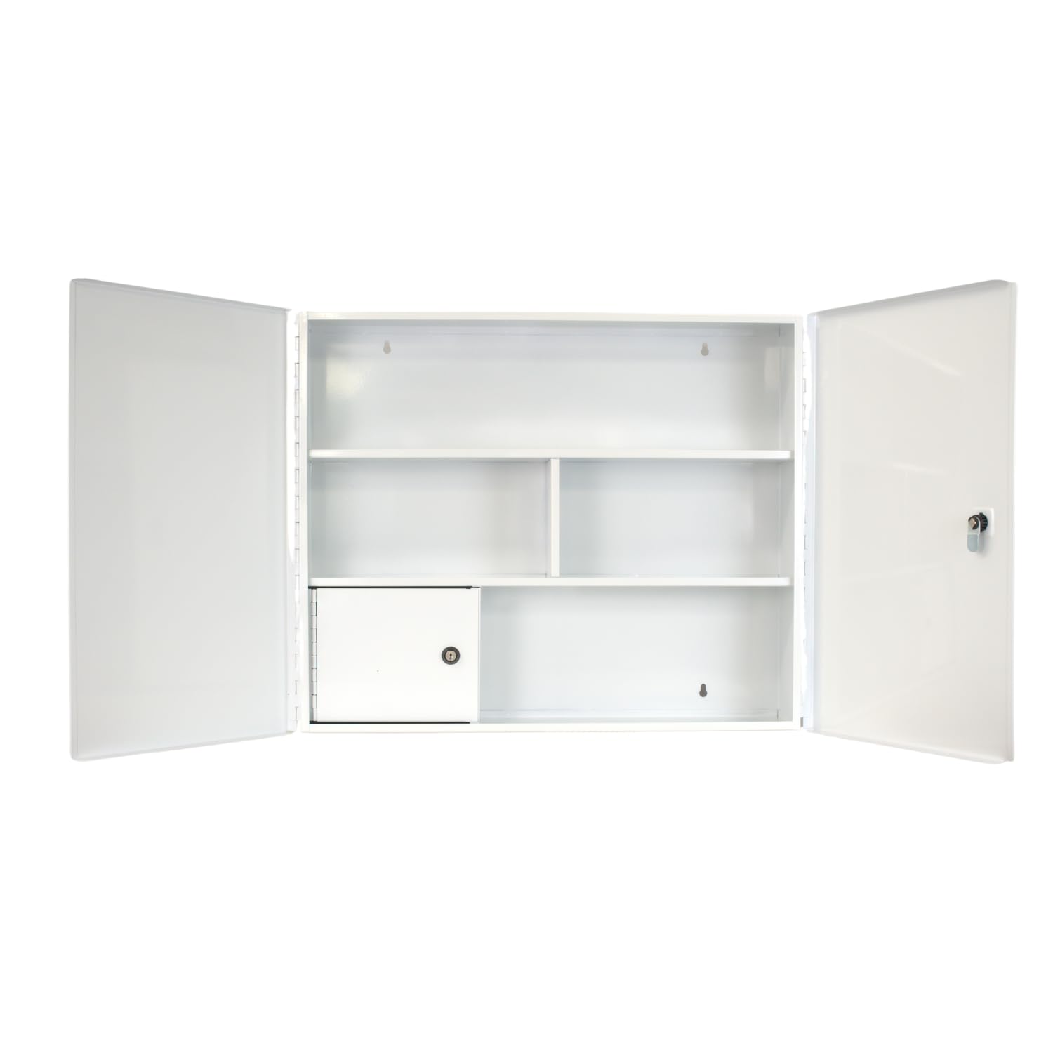 Armadietto di pronto soccorso (vuoto), armadietto per medicinali con 3 scomparti (due porte) + scomparto per medicinali con serratura e chiusura di sicurezza - metallo, 60 x 50 x 13 cm