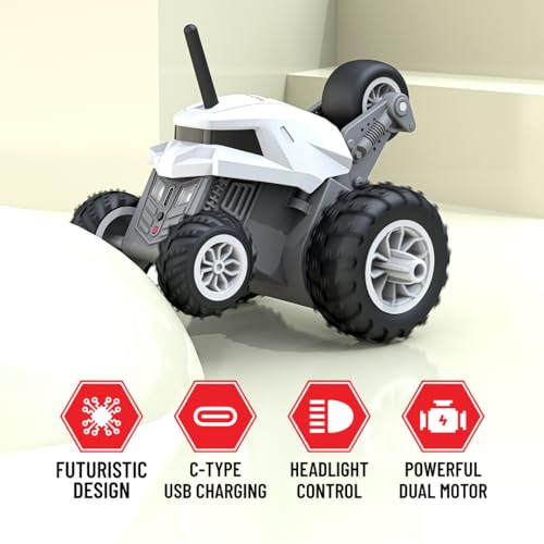 Image of Mirana Warrior 360 Degree Rotating Stunt RC Car Toy for Kids | High Speed Steering Remote Control Vehicle | USB Type-C Rechargeable | Made in India (White)