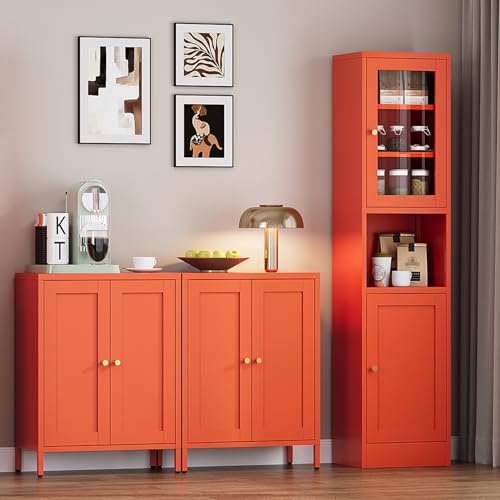 Image of Bevivog Orange Metal Locker Cabinet with 2 Doors and 2 Adjustable Shelves, Small Accent Cabinet Bathroom Floor Storage Cabinets Short Sideboard for Entryway, Living Room, Hallway