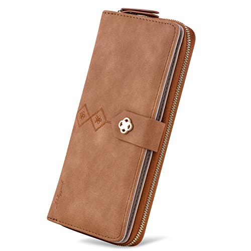 Cornerlife Women Vegan Suede Leather Wallet Large Checkbook Clutch Wallet Zipper Around Credit Card Holder Wallets For Women With Snap Closure (Reddish Brown) #TOP1