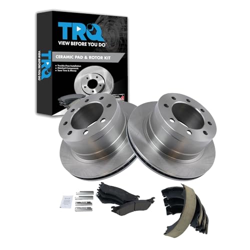 Image of TRQ Rear Brake Pad & Rotor Kit Parking Brake Shoe Set Ceramic Compatible with 2003-2005 Dodge Ram 2500 Ram 3500