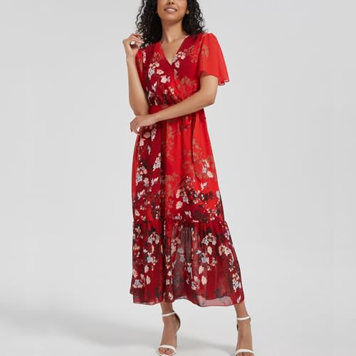 Image of Women's Summer Bohemian Floral Chiffon Dress Cap Sleeve V Neck Ruffle Long Flowy Boho Casual Vacation Dresses