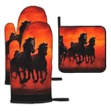 Juego de 3 manoplas y agarraderas para horno resistentes al calor, guantes de cocina con diseño de caballos y nubes rojas brillantes, almohadillas térmicas, guantes para barbacoa, agarraderas para coc