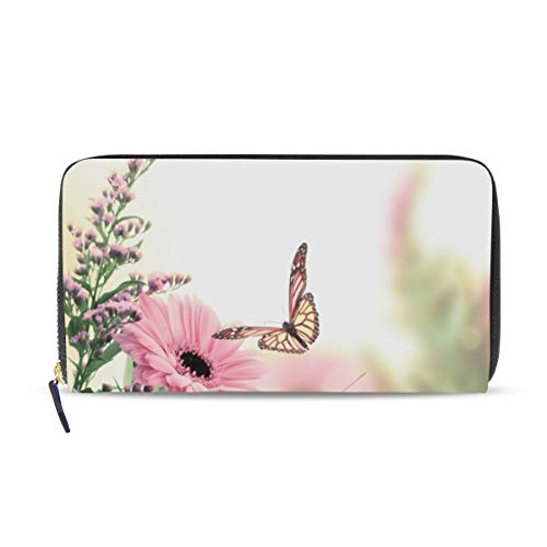 Portefeuille long en cuir pour femme grand format zippé porte-carte floral papillon