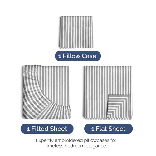 Image of Twin Size 3 Piece Sheet Set - Ultra Soft & Cooling Sheets - Grey Stripes 1 | Fits 8 Inch to 16 inch Mattress, Wrinkle Free & Fade Resistant with Deep Pockets, Breathable, Comfy Hotel Luxury Bedding