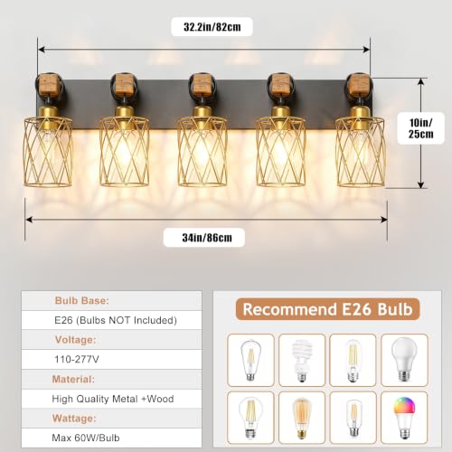 Image of IZORRO Farmhouse Bathroom Vanity Light, 5-Light Wood Bathroom Light Fixtures Over Mirror, Black and Gold Industrial Vanity Lights with Metal Shade, Rustic Restroom Lighting Fixtures
