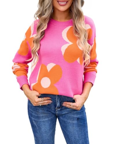 Image of Sumleno Womens Cute Color Block Flower Pattern Sweaters Crewneck Pullover Tops Kawaii Aesthetic Fall Winter Knitwear