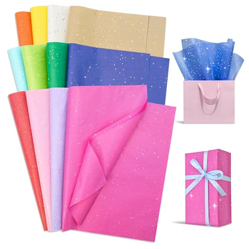 120 Sheets Large Glitter Tissue Paper for Gift Bags 20"x14", 12 Colored Tissue Paper Decorative Wrapping Papers Bulk for DIY Crafts, Birthdays, Party, Weddings & Packaging (Assorted Colored)