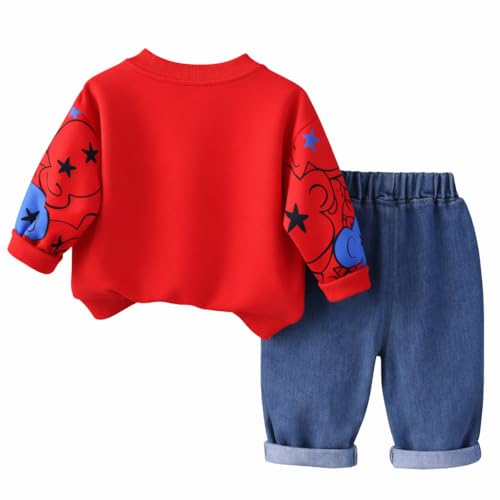 Image of Unisex Kids Cotton T-shirt and Denim Pant Set Comfort Fit all Season for Boys and Girls 1 to 8 years (Red, 7-8 Years)