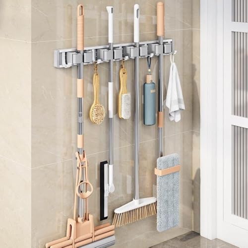 Image of STAR WORK Heavy-Duty Space Aluminum Wall Mop & Broom Holder, Waterproof Organizer with Dual Non-Slip Grips and Utility Hooks, No-Drill Adhesive Mount for Kitchen, Bathroom. (4 MOP HOLDER 5 HOOKS)