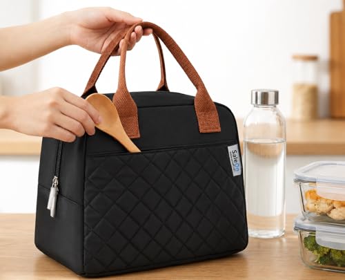 Image of SaleOn 7.5 LTR Thermal Insulated Lunch Bag for Women & Girls | Stylish Tiffin Bag | Big Size Food Carrier Tote for Office, College, School | Black Travel Lunch Box Pouch with Handle (Black)