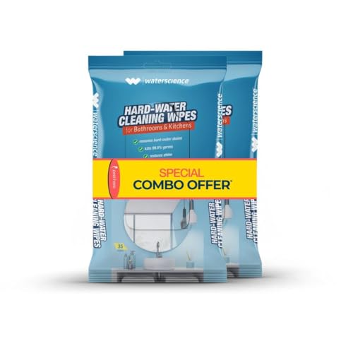 Image of WaterScience Hard Water Stain Remover Wipes Combo Pack of 2 (70 Wipes) | For Kitchen and Bathroom Surface Cleaning | Applicable for Taps, Shower, Tiles, Faucets, Wash Basin Sinks | Use Twice a Week