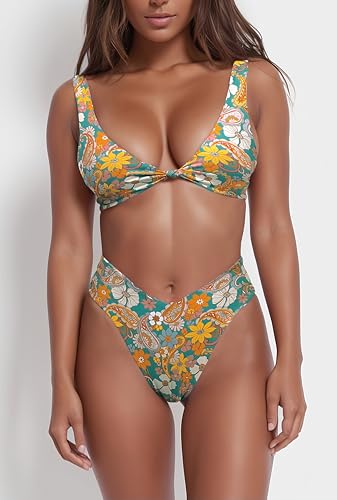 Image of geluboao Bikini Set for Women Solid V Neck Knot Front Push Up High Leg Thong Two Piece Swimsuit