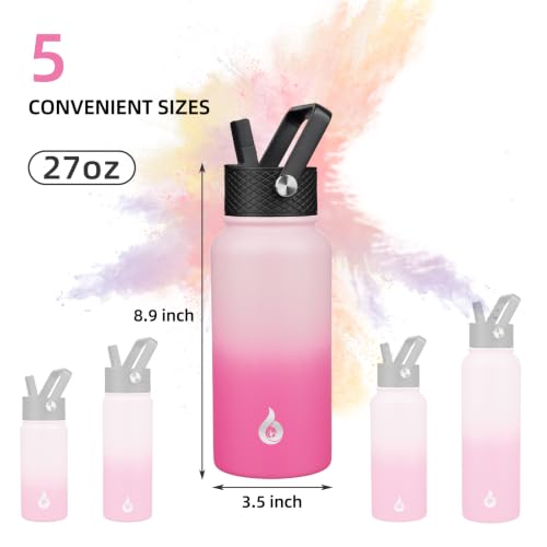 Image of BJPKPK Insulated Water Bottles with Straw Lid, 27oz Stainless Steel Water Bottle with 3 Lids, Leak Proof BPA Free Metal Thermo, Mugs, Tumblers, Keep Cold Hot -Cherry