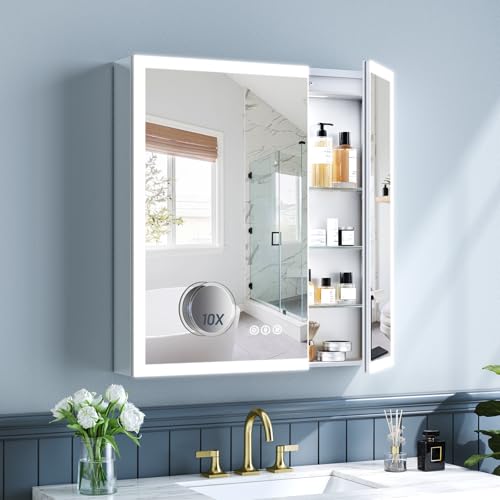 TIFULLHOME 30x32 Inch Lighted Medicine Cabinet, AL Alloy Frame, Plug-in or Hardwired, Recessed or Wall Mount, Mirror Doors/3 Colors/Dimmable/Interior Sensor Light/Anti-Fog, 2 Outlets &USBs, 3 Shelves