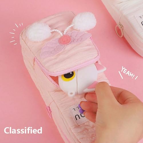 Image of Zqiue Two Layer Aesthetic Pencil Pouch with Plush Ball Decoration for Girls, Smooth Zipper Cute Stationary School Pouches for Kids, Large Capacity Pencil Box for Boys