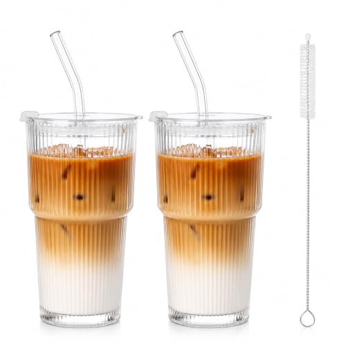FUNKYFINDS Coffee Glass Mug Sipper with Straw and Lid 2 pcs -600ml -for Smoothie, Water, Juice, Drinks, Lemon Soda, Beer Drinking Glasses, Iced Coffee and Tea Cups with Straw