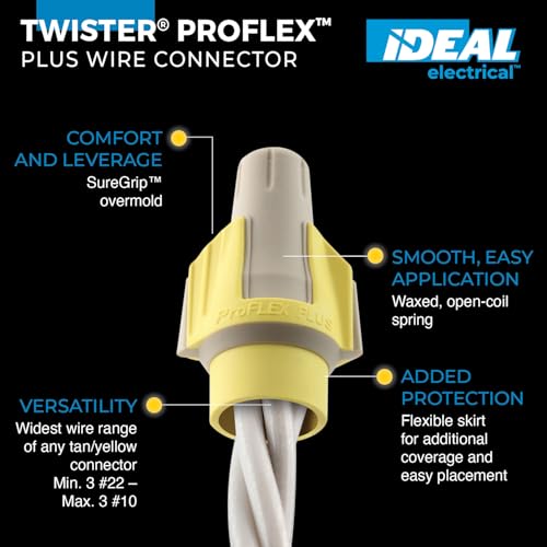 Image of Ideal Electrical Twister Proflex Plus (30-345) Tan /Yellow Electrical Wire Connectors, Box of 100 - Smooth Twist-On Wire Nuts for Wiring 3-Way Switches, GFCI Outlets, and More