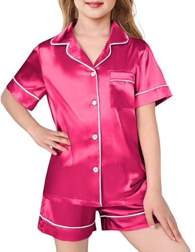 Arshiner Girls Pajamas Silk Satin Pajama Sleepwear Button Down Pj Set Loungewear Rose Red 7-8 Years