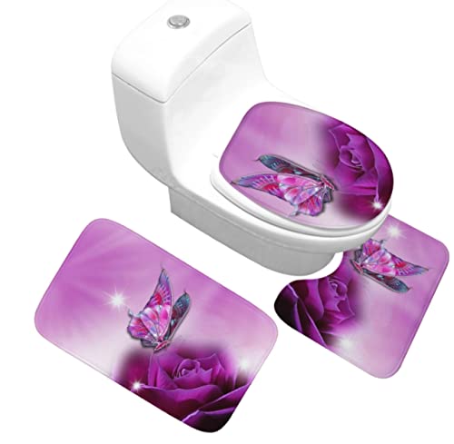3 Teilig Badematte Set Lila Blume 07 3D Badematten Set rutschfest, Badezimmerteppich,U-förmiger WC-Vorleger,WC…