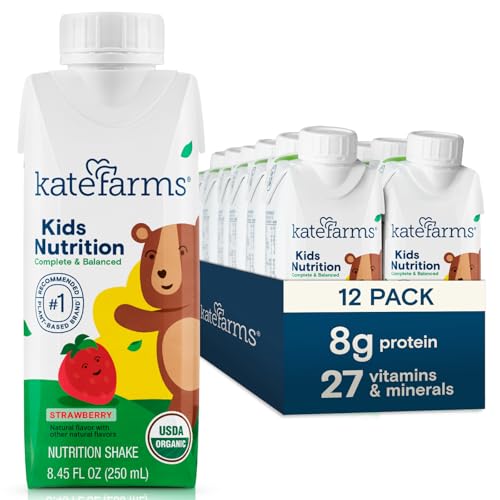 Image of KATE FARMS Organic Kids Nutrition Strawberry Shake, 8g Protein, 27 Vitamins and Minerals, Meal Replacement, Gluten Free, Non-GMO, 8.45 oz (12 Pack)