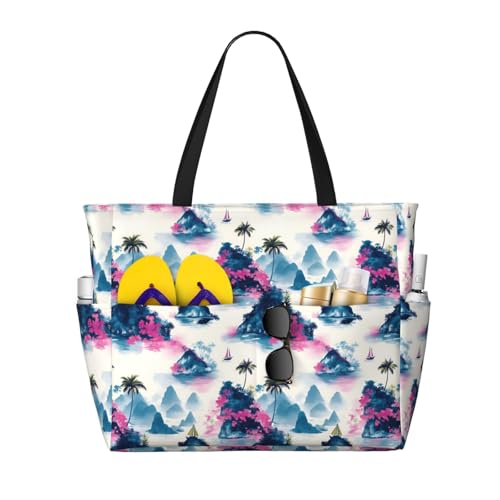 Large Beach Bags for Women Sandproof - Summer Island Print Summer Work Travel Tote Bags with Zipper