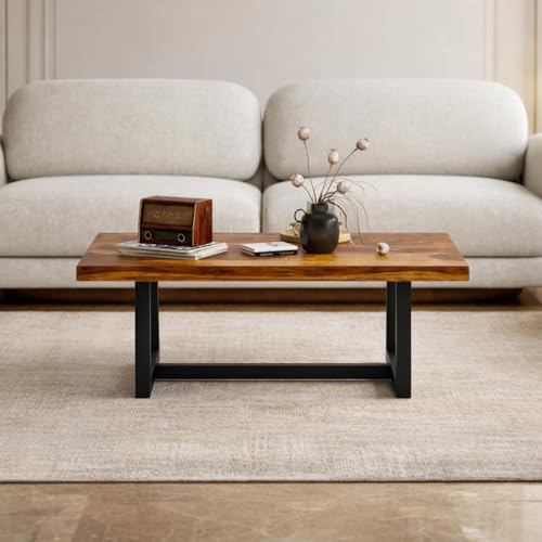 Image of Modern Coffee Table with Open Storage Shelf - Minimalist Rectangular Center Table With Black metal fram for Living Room, Office, and Lounge - Durable Engineered Wood, Easy Assemblyr (Black & Brown)